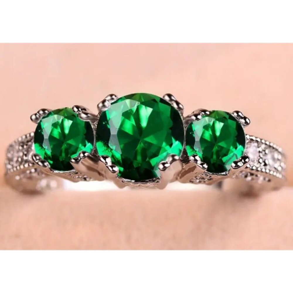 Vintage Style Three Stone Round Lab Created Cubic Zirconia Anniversary Band